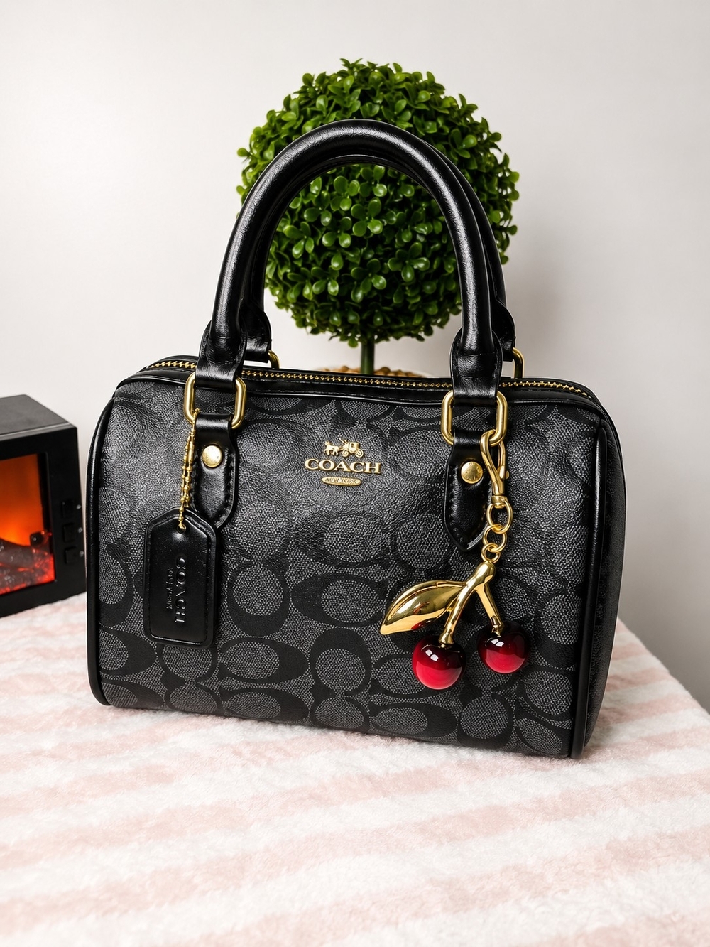 COACH Black Signature Canvas Small Satchel with Cherry Charm